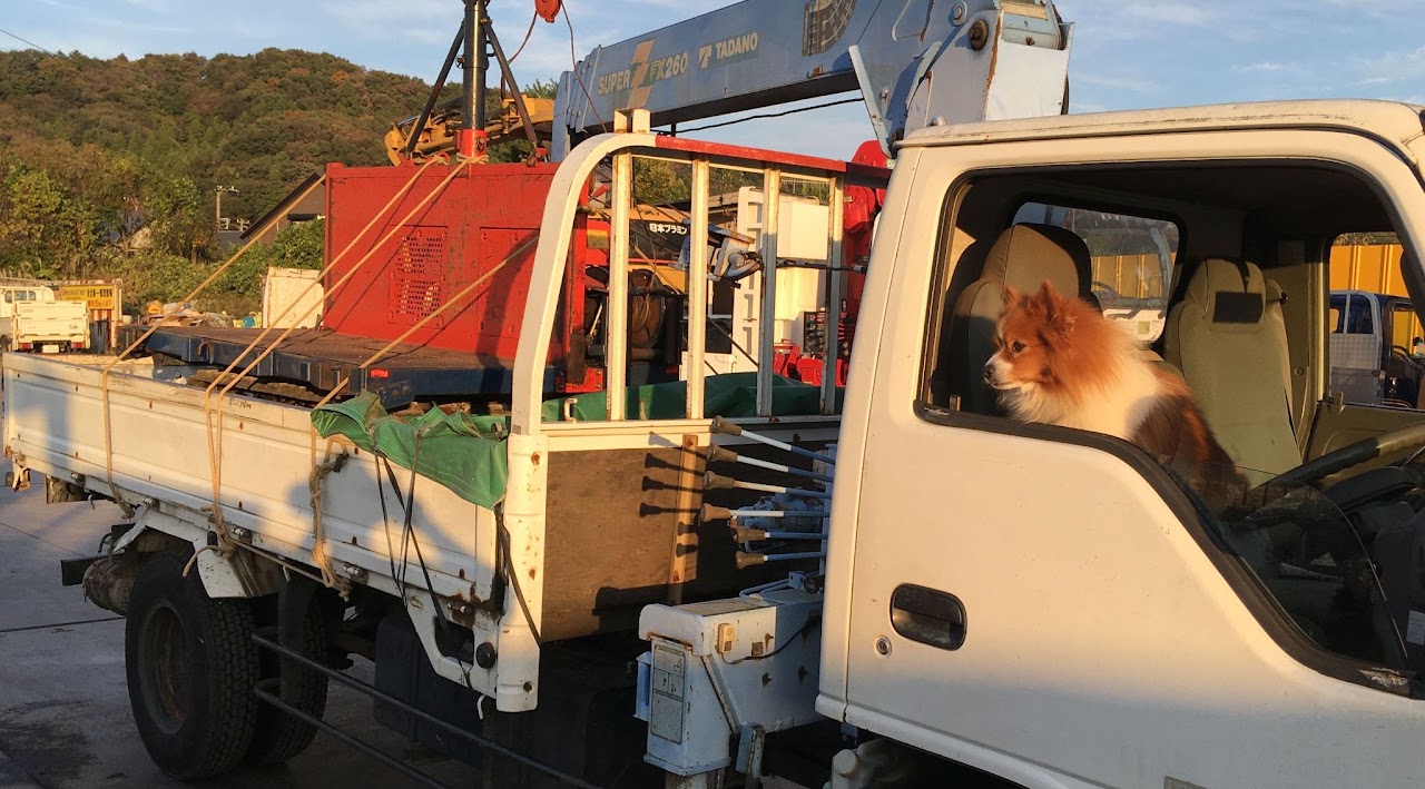 クレーン付きトラック（いすゞエルフ）。荷台に赤い機械を積み、運転席に犬が座っている