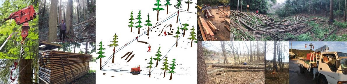 森の製材リソラ の理念（架線集材の道具、杉林、桟積みの板、移動式製材機、水と空気の流れの図などを並べた写真）